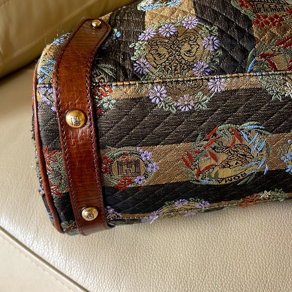 FENDI EUC TOBACCO PEQUIN STRIPES FABRIC AND LEATHER MAGIC SHOULDER BAG RARE FIND - Picture 8 of 17